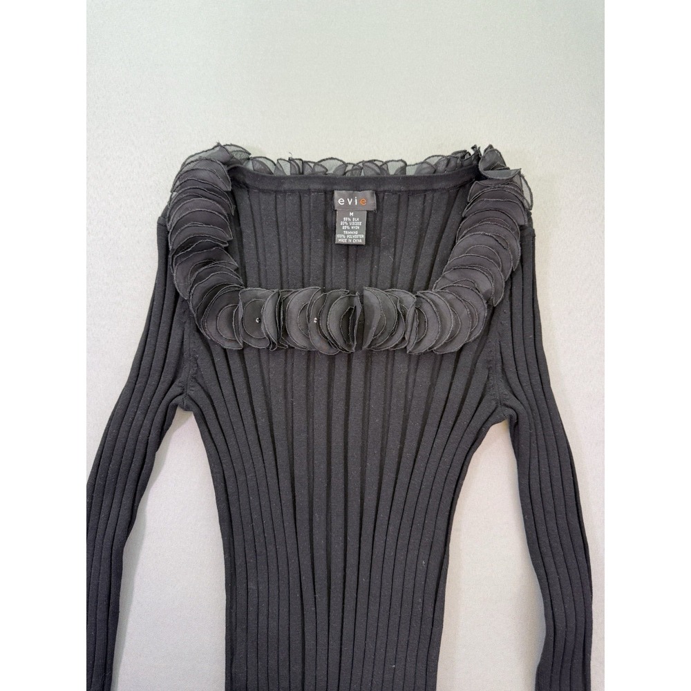 Evie Women‎ Black Squared Ruffled Neck Long Sleeve Silk blend Knitted Sweater M